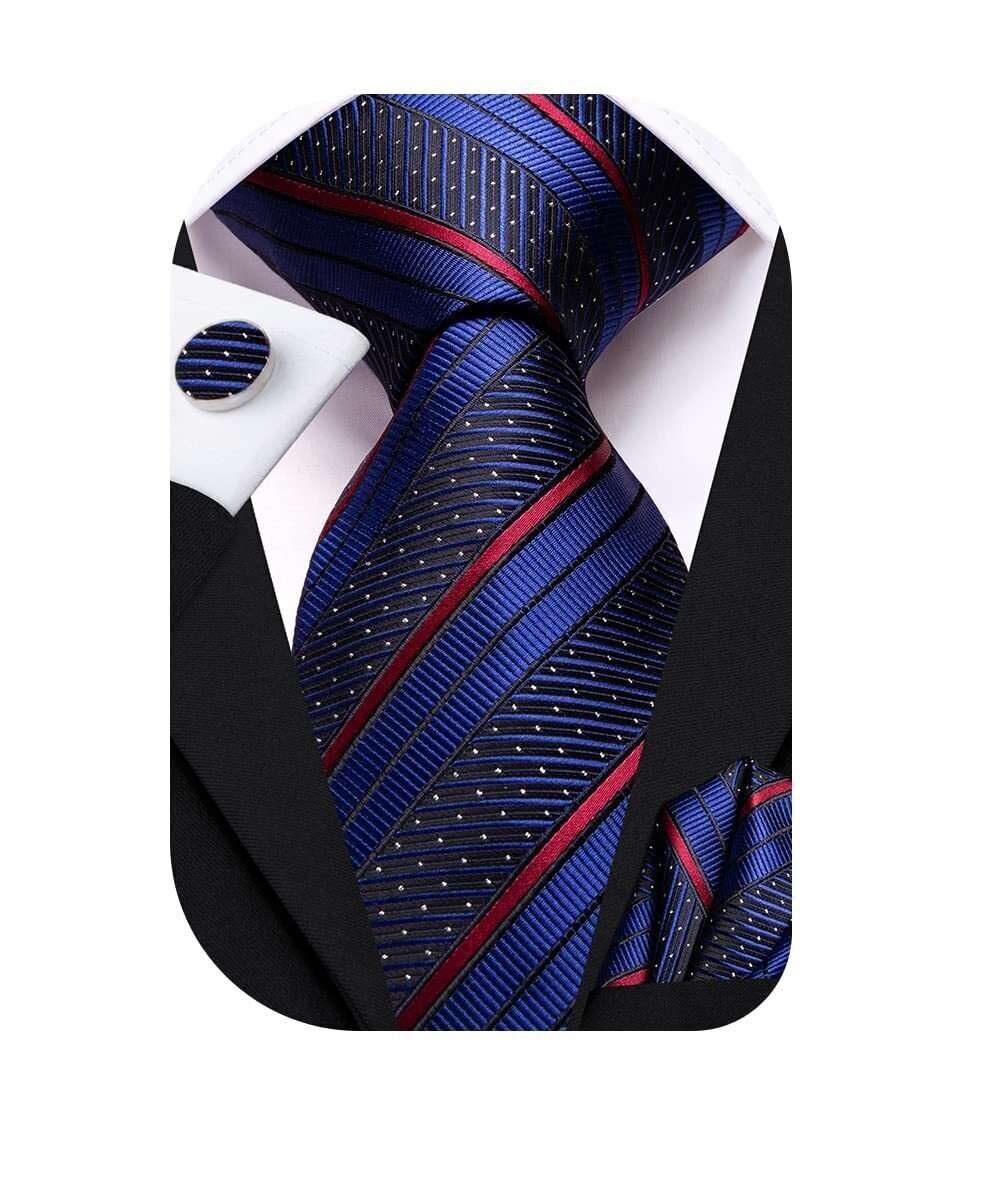 4933 Red Blue Striped Tie WOVEN Necktie and Handkerchief Cufflinks Set